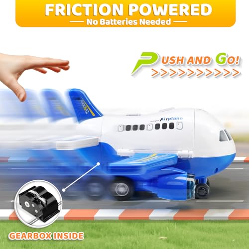 Beestech Friction Powered Airplane Toy with Car Launcher and Runway – 9 Inch Blue Plane for Toddlers Ages 3-6