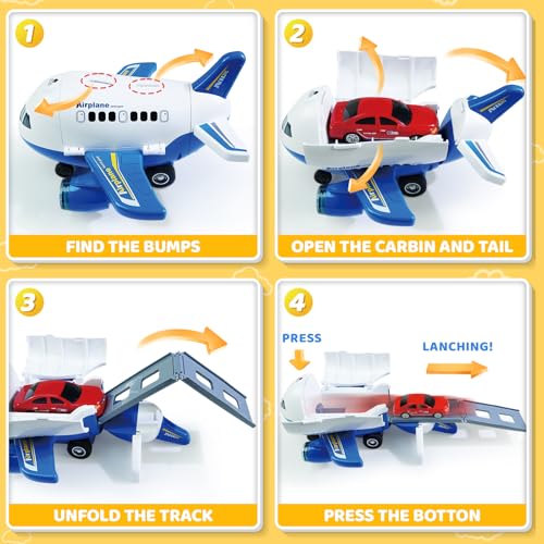 Beestech Friction Powered Airplane Toy with Car Launcher and Runway – 9 Inch Blue Plane for Toddlers Ages 3-6