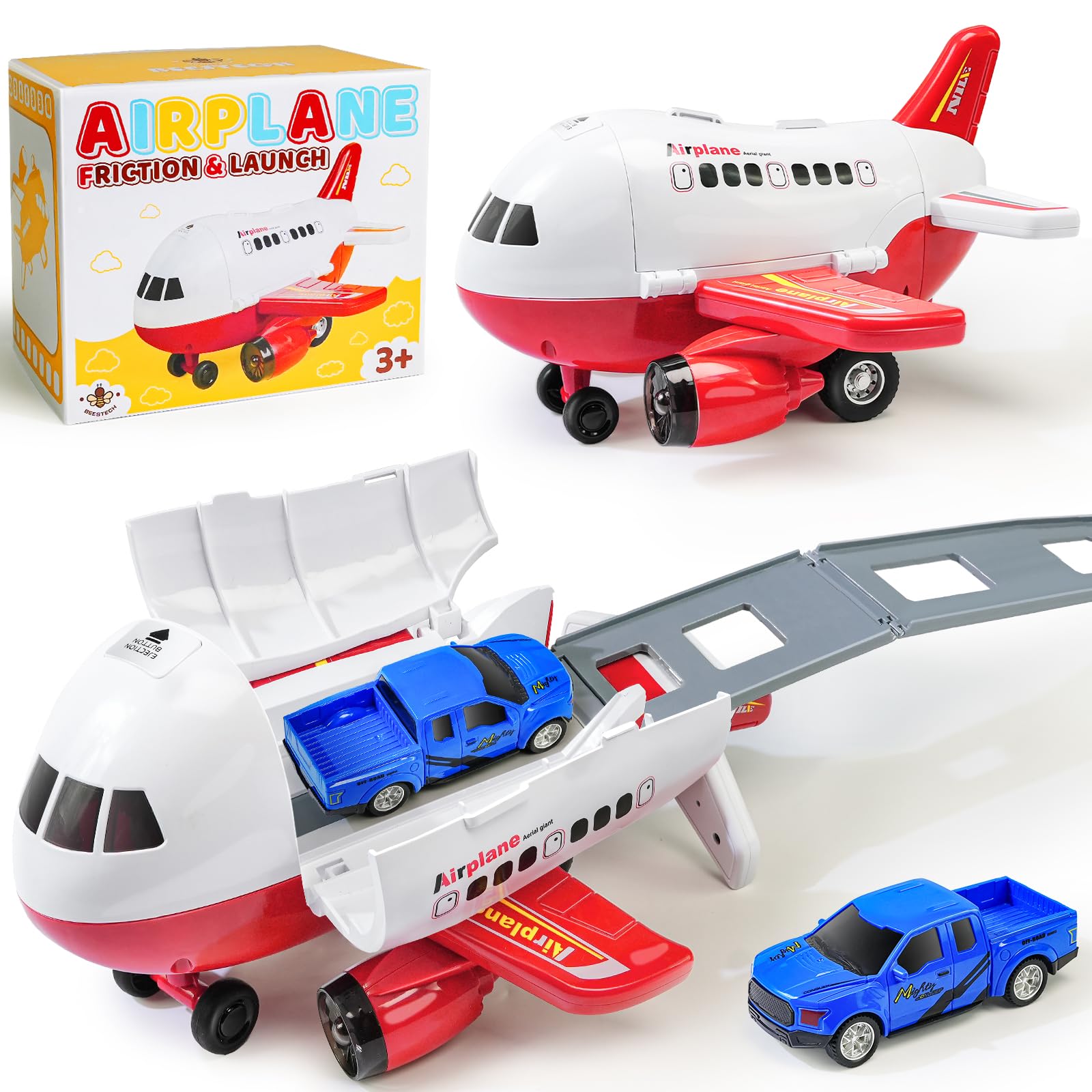 Beestech Friction-Powered Airplane Toy with Runway and Car - 9 Inch, No Batteries, Gift for Ages 3-6