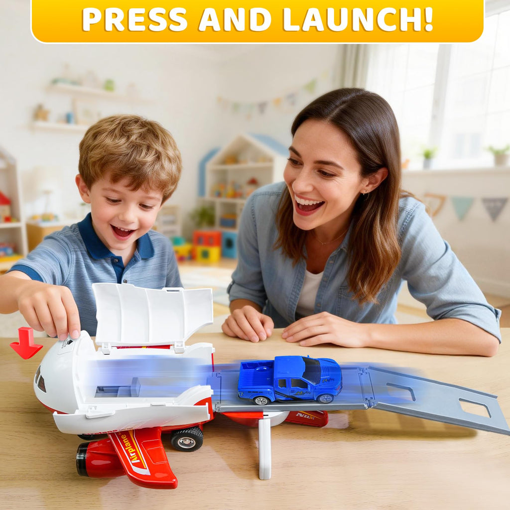 Beestech Friction-Powered Airplane Toy with Runway and Car - 9 Inch, No Batteries, Gift for Ages 3-6