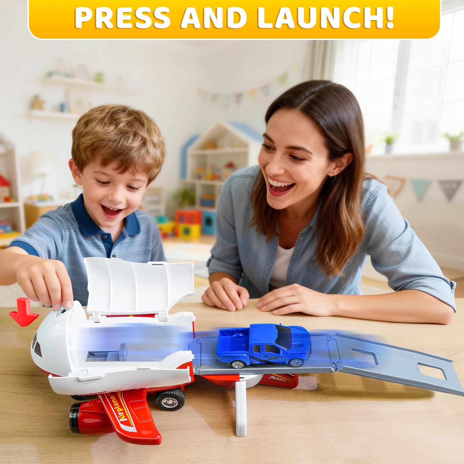 Beestech Friction-Powered Airplane Toy with Runway and Car - 9 Inch, No Batteries, Gift for Ages 3-6