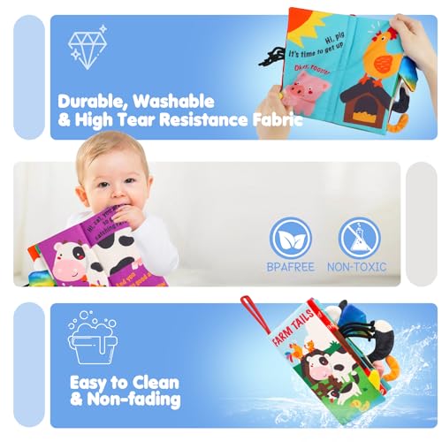 beiens Baby Cloth Book - Touch & Feel Crinkle Farm Tails Soft Book for Infants, Toddlers, 0-12 Months