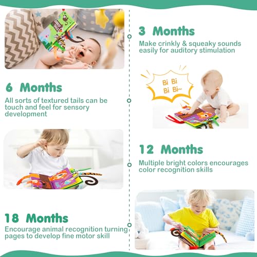 beiens Baby Cloth Book – Crinkle, Squeaker & Sensory Tails for 0-18 Months