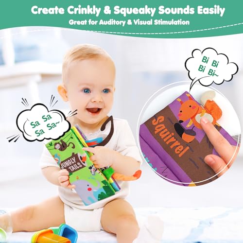 beiens Baby Cloth Book – Crinkle, Squeaker & Sensory Tails for 0-18 Months