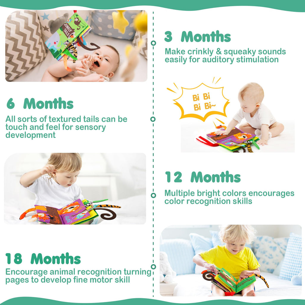 beiens Baby Cloth Book – Crinkle, Squeaker & Sensory Tails for 0-18 Months