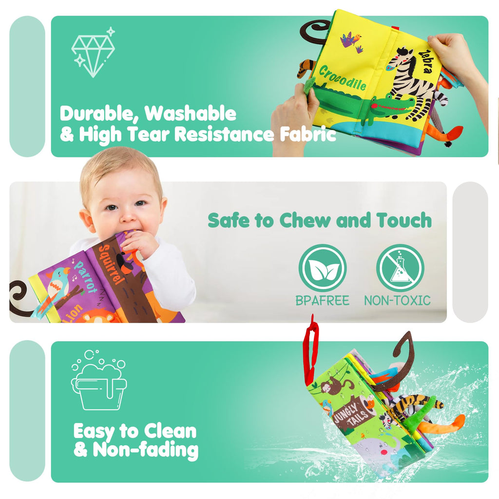 beiens Baby Cloth Book – Crinkle, Squeaker & Sensory Tails for 0-18 Months