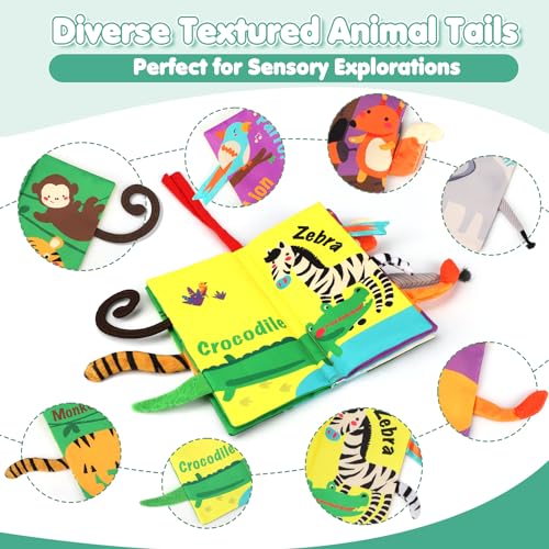 beiens Baby Cloth Book – Crinkle, Squeaker & Sensory Tails for 0-18 Months