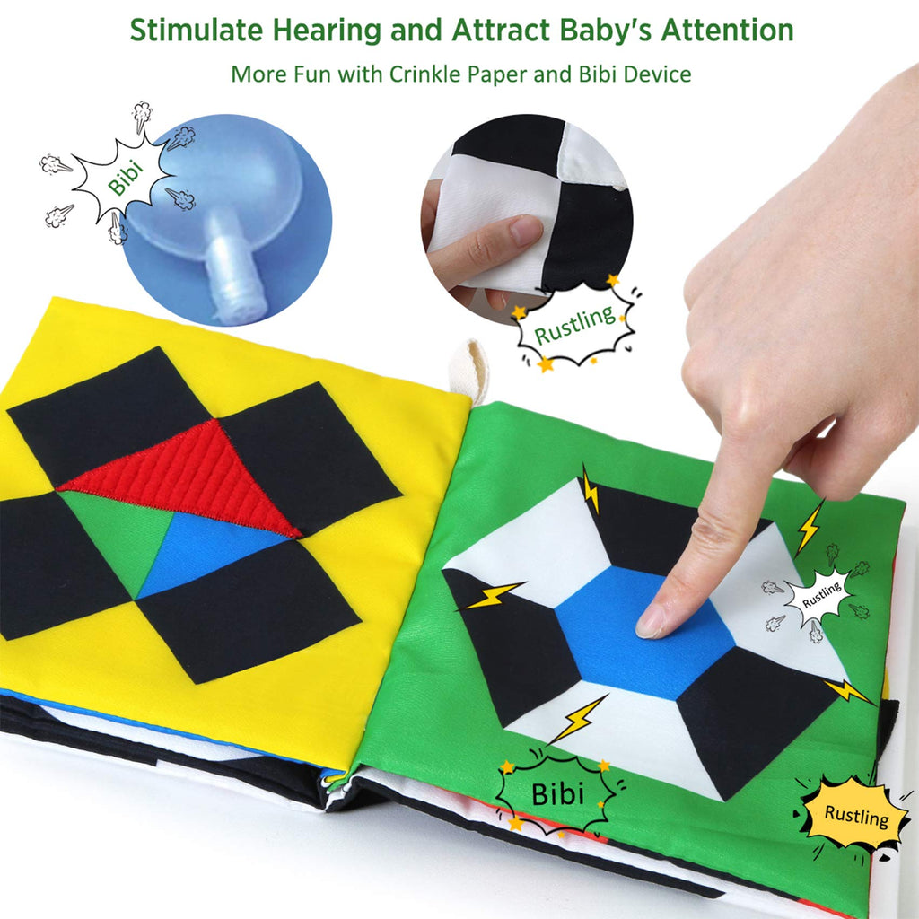 beiens High Contrast Black and White Baby Book – Soft Cloth Sensory Toy with Mirror, Crinkle, and Bibi Sound for 0-12 Months