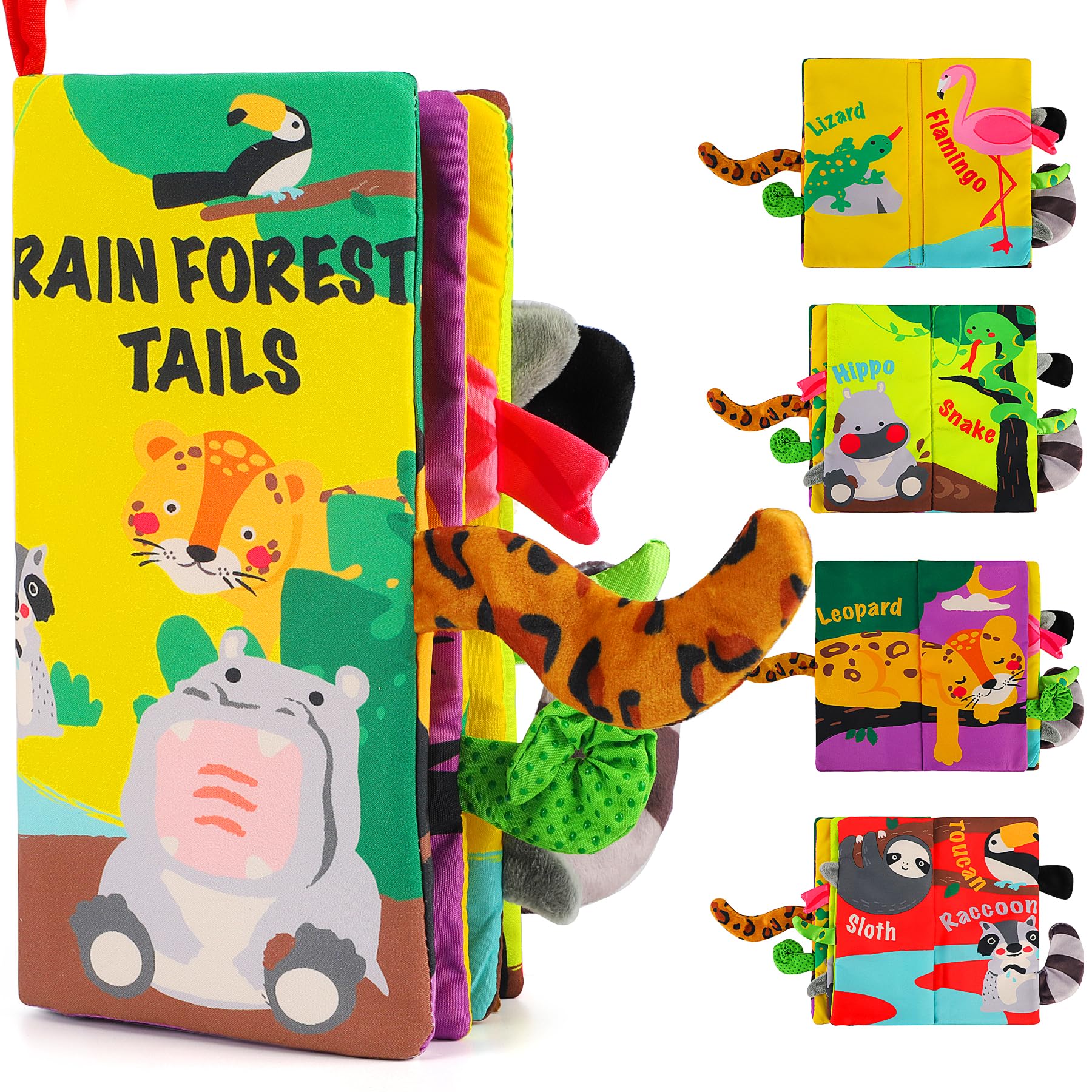 beiens Rainforest Tails Soft Cloth Book – Sensory Toy with Crinkle & Squeaker for Infants