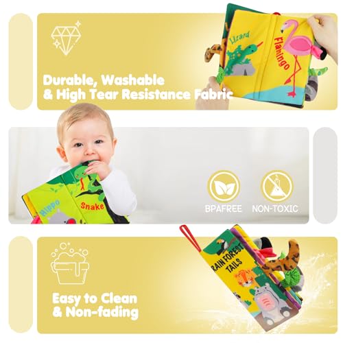 beiens Rainforest Tails Soft Cloth Book – Sensory Toy with Crinkle & Squeaker for Infants