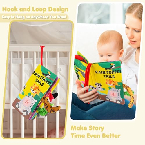 beiens Rainforest Tails Soft Cloth Book – Sensory Toy with Crinkle & Squeaker for Infants