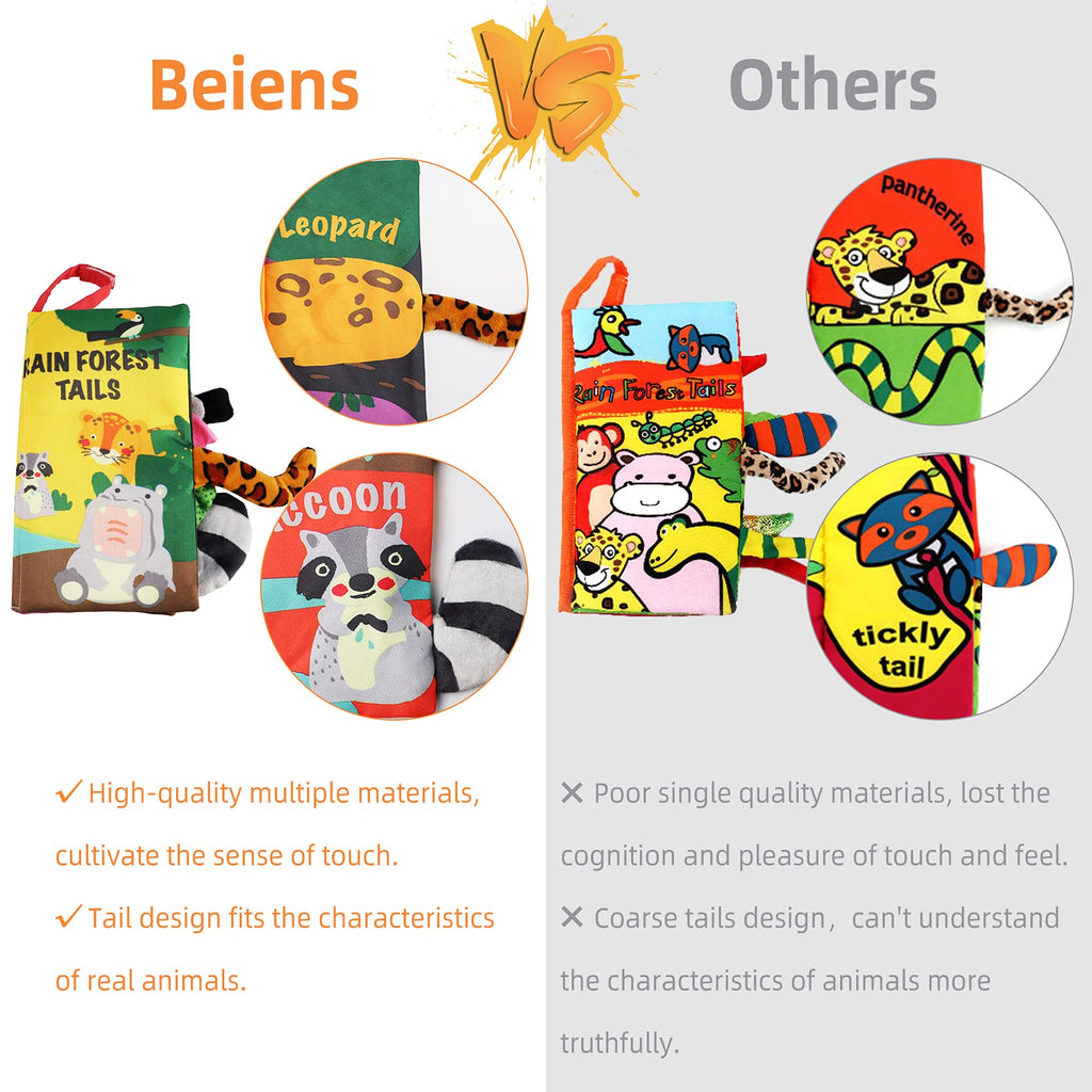 beiens Rainforest Tails Soft Cloth Book – Sensory Toy with Crinkle & Squeaker for Infants