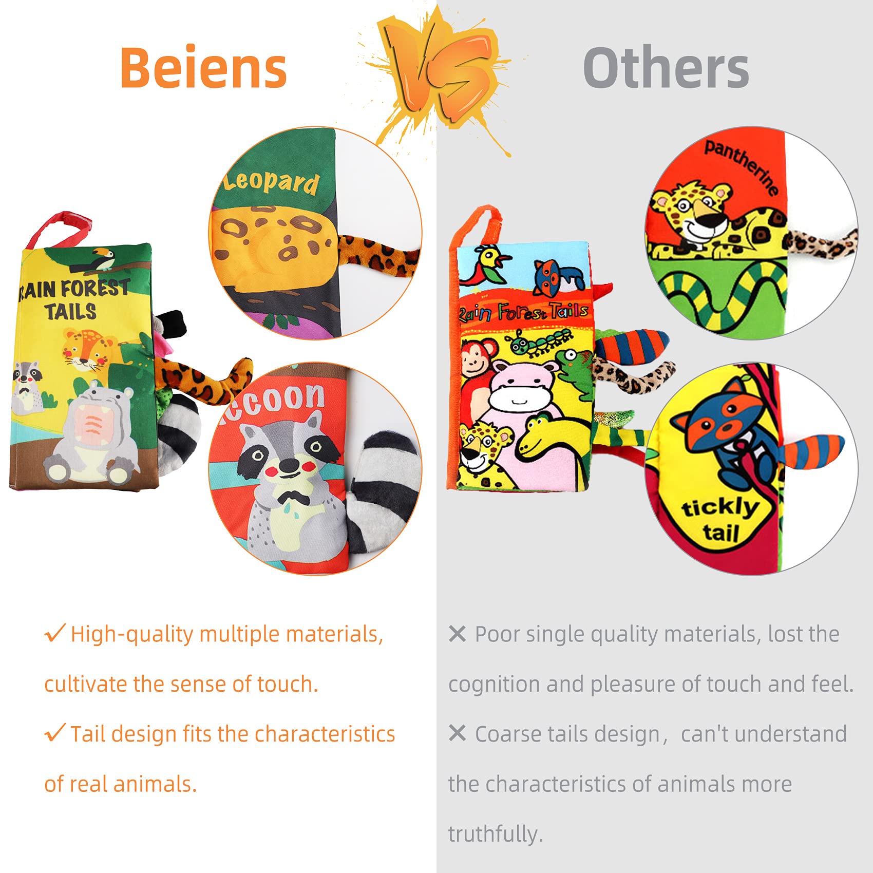 beiens Rainforest Tails Soft Cloth Book – Sensory Toy with Crinkle & Squeaker for Infants