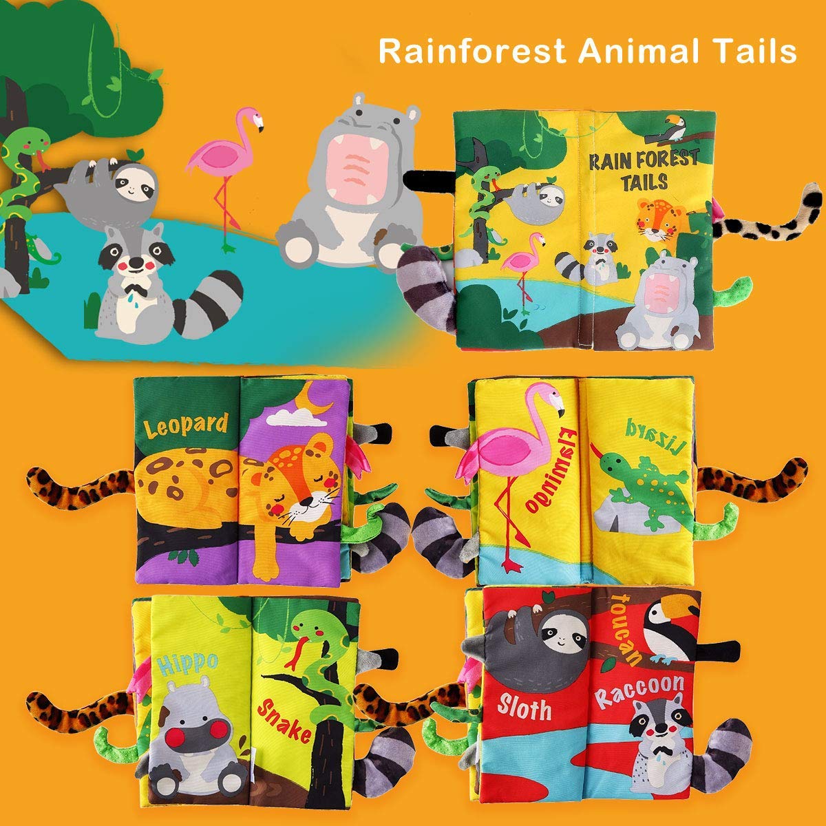 beiens Rainforest Tails Soft Cloth Book – Sensory Toy with Crinkle & Squeaker for Infants