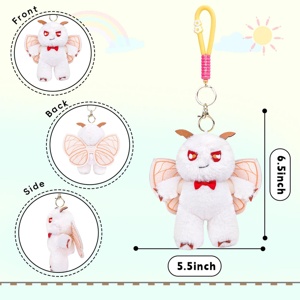 Beige Silk Moth Plush Keychain – 6.5in Soft Crystal Cotton Stuffed Animal Toy with Bow