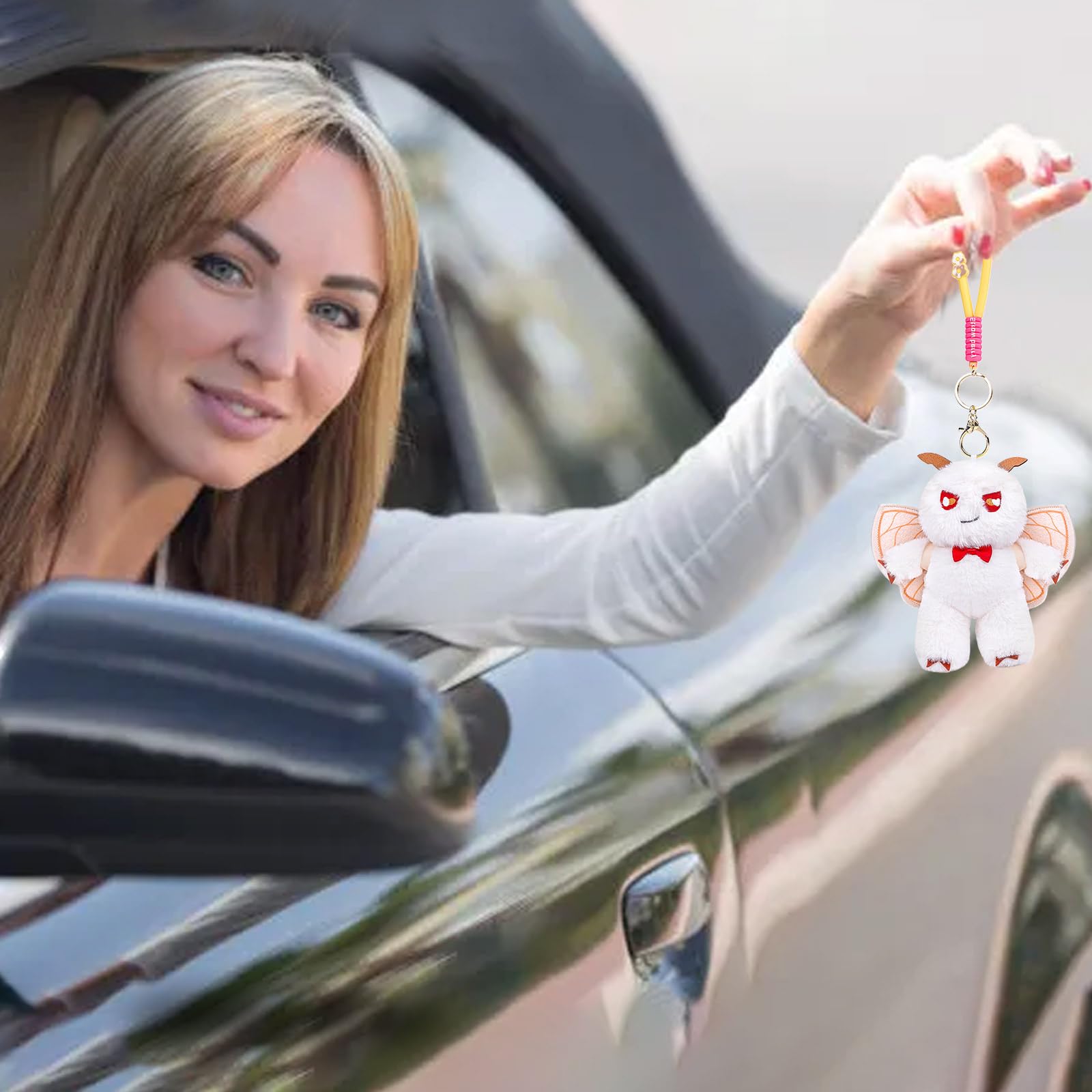 Beige Silk Moth Plush Keychain – 6.5in Soft Crystal Cotton Stuffed Animal Toy with Bow