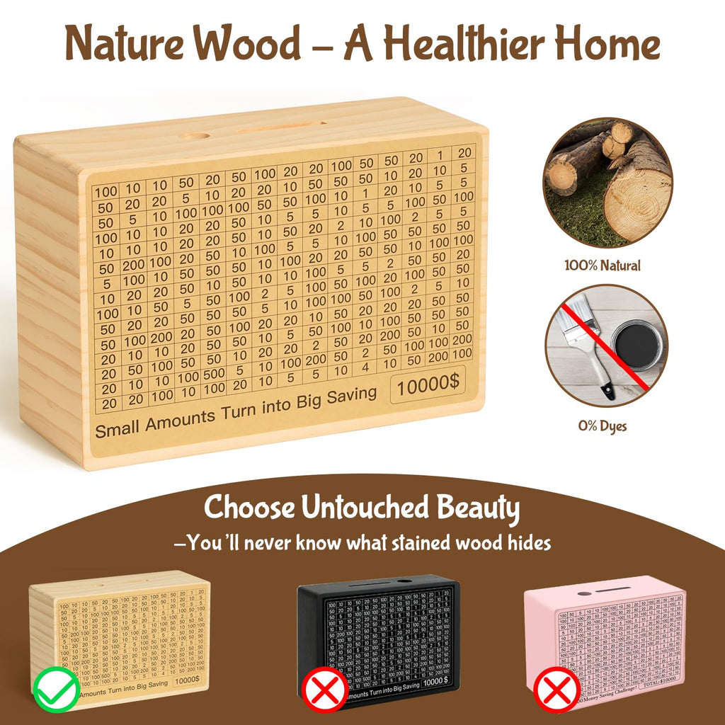 Bemaystar Natural Wood Money Saving Box with Pre-Printed Targets