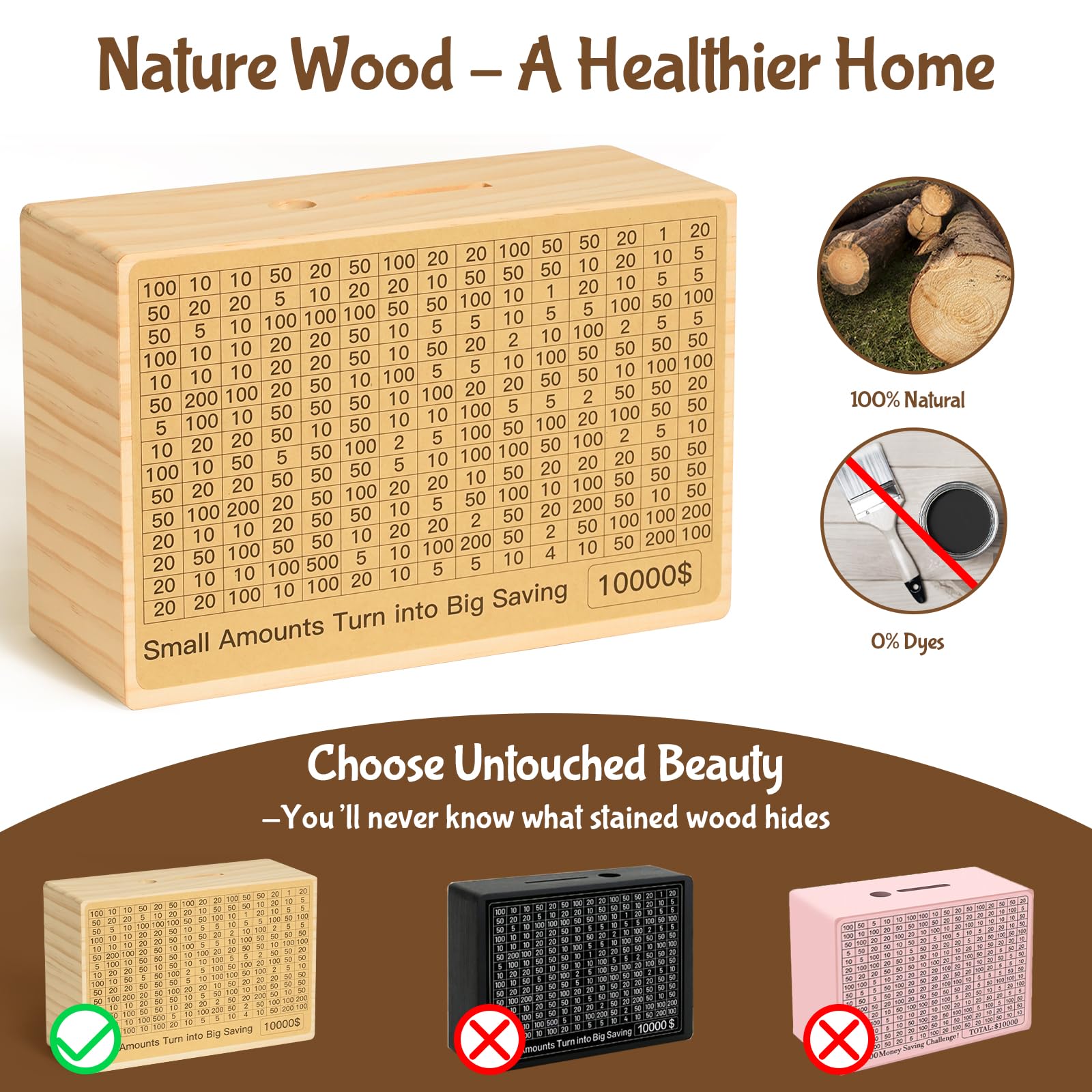 Bemaystar Natural Wood Money Saving Box with Pre-Printed Targets