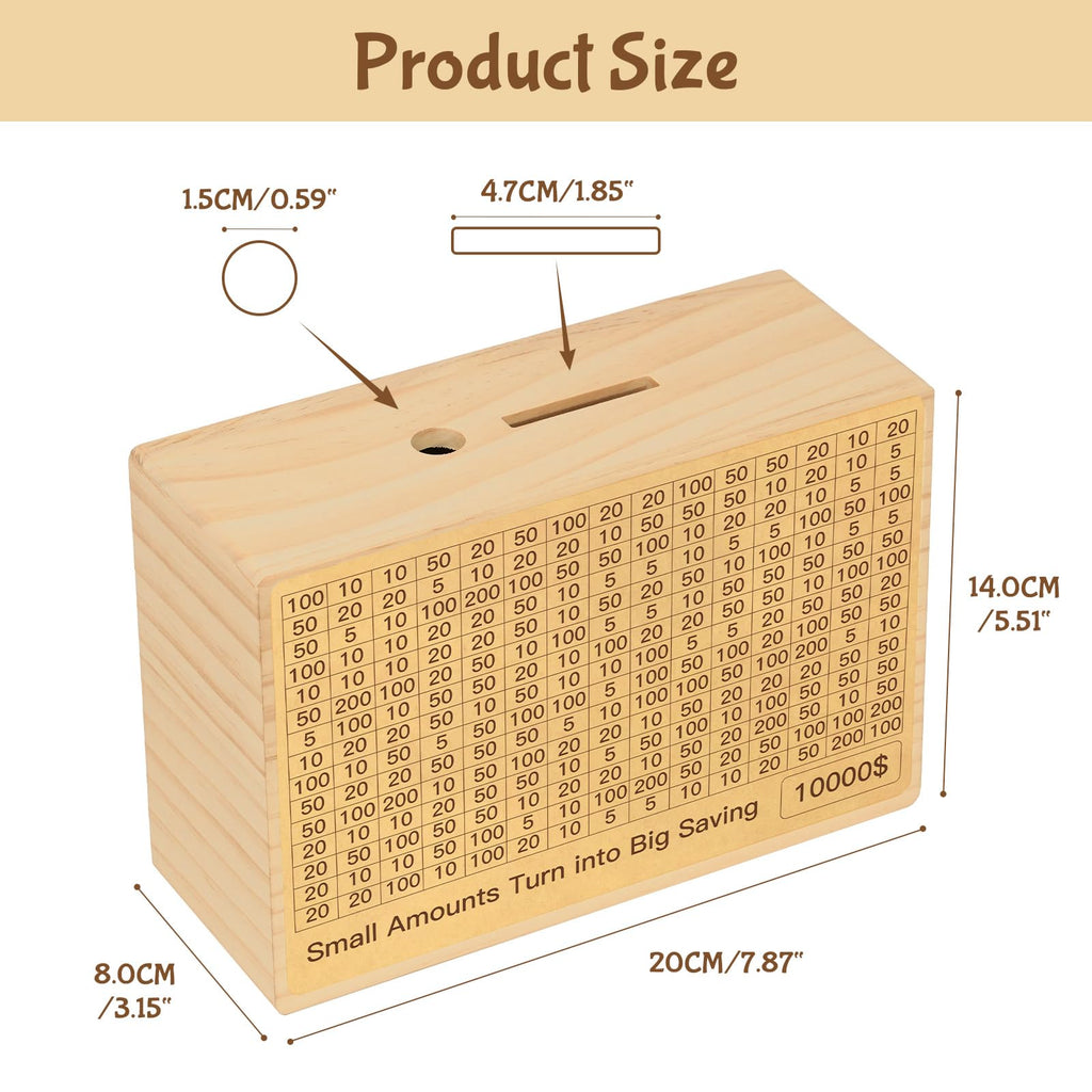 Bemaystar Natural Wood Money Saving Box with Pre-Printed Targets