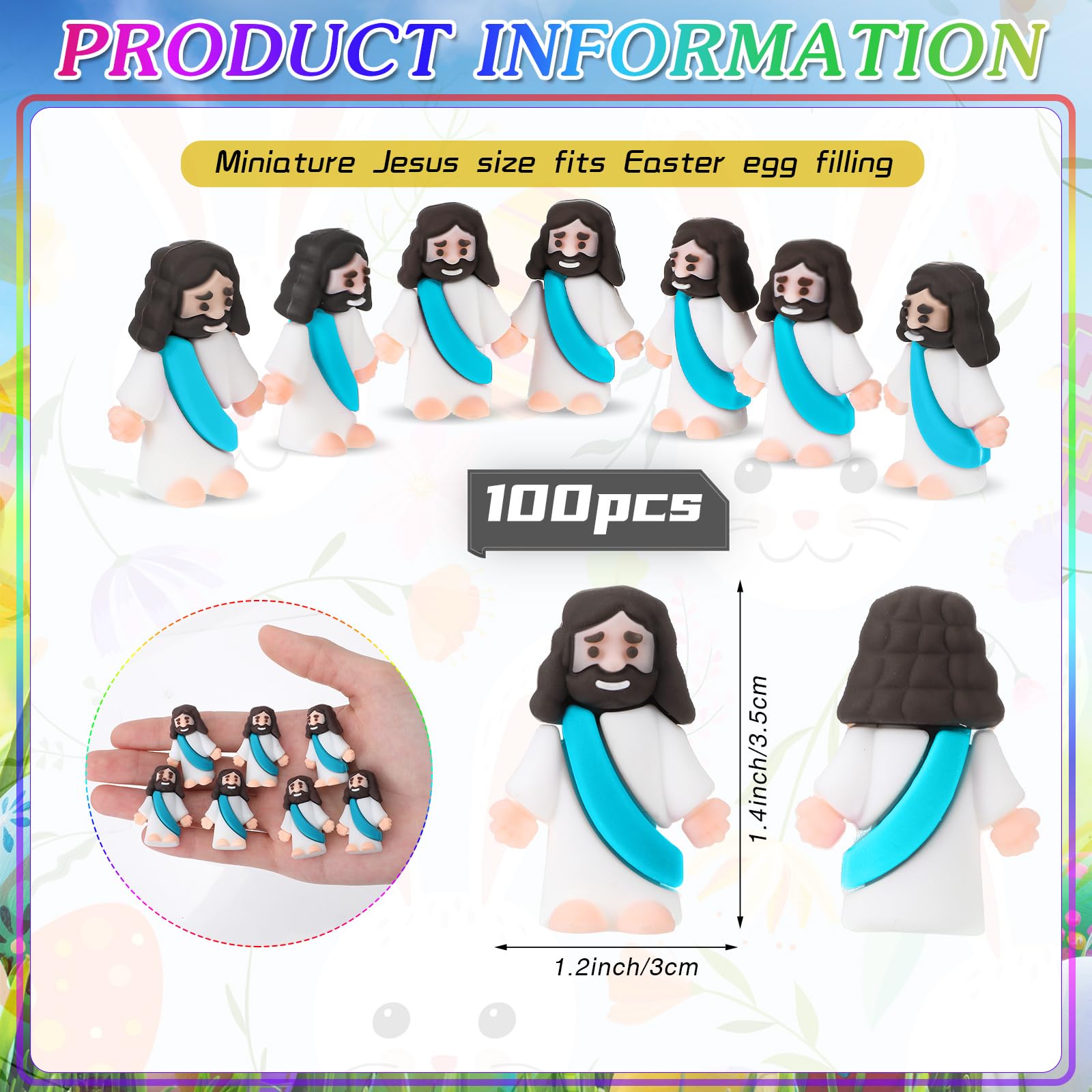 Bememo 100 Pack Mini Rubber Jesus Figurines – Cyan Color, 1.2 x 1.4 Inches, for Easter Eggs, Party Favors, Sunday School & Baptism Gifts
