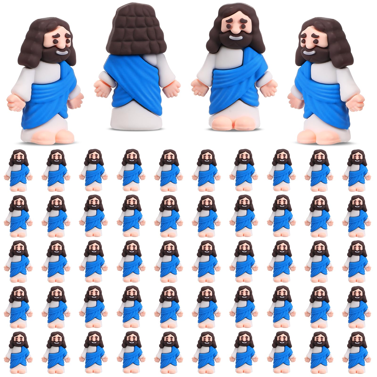 Bememo 50 Pack Mini Jesus Figures - Blue Rubber Religious Toys for Easter Egg Filling, Sunday School and Party Favors