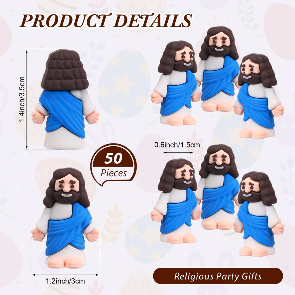 Bememo 50 Pack Mini Jesus Figures - Blue Rubber Religious Toys for Easter Egg Filling, Sunday School and Party Favors