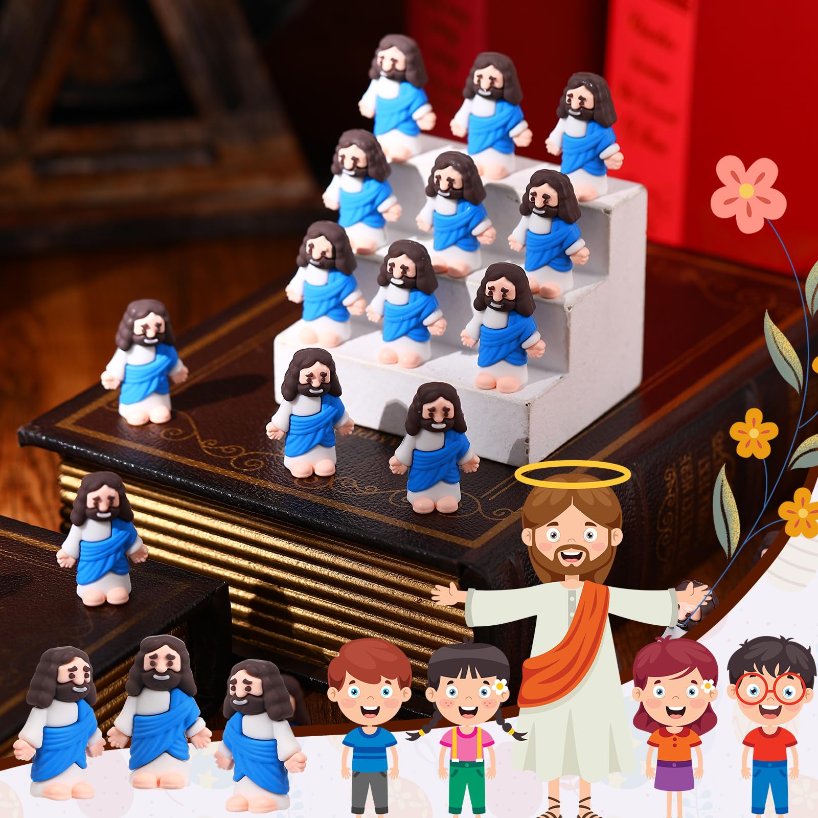 Bememo 50 Pack Mini Jesus Figures - Blue Rubber Religious Toys for Easter Egg Filling, Sunday School and Party Favors