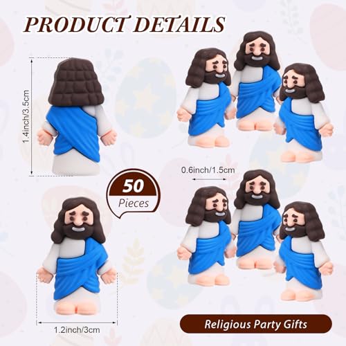 Bememo 50 Pack Mini Jesus Figures - Blue Rubber Religious Toys for Easter Egg Filling, Sunday School and Party Favors