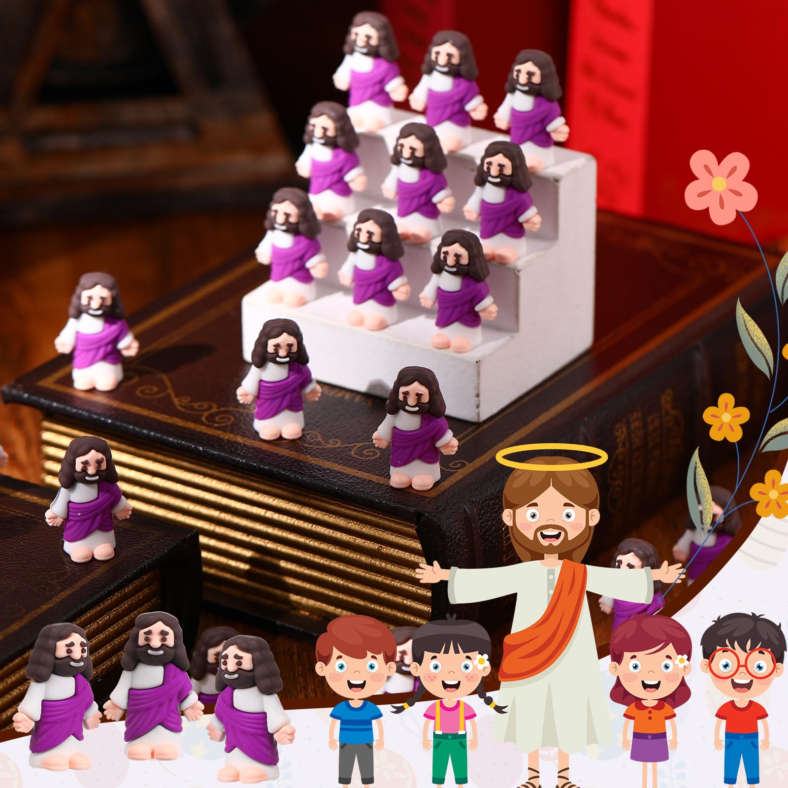 Bememo 50-Pack Mini Jesus Figures for Hide and Seek, Easter Egg Stuffers, Sunday School Gifts (Purple)