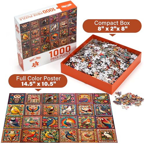 BenBen 1000-Piece Bird Crochet Puzzle – 24 Designs, Letters on Back, Poster Included
