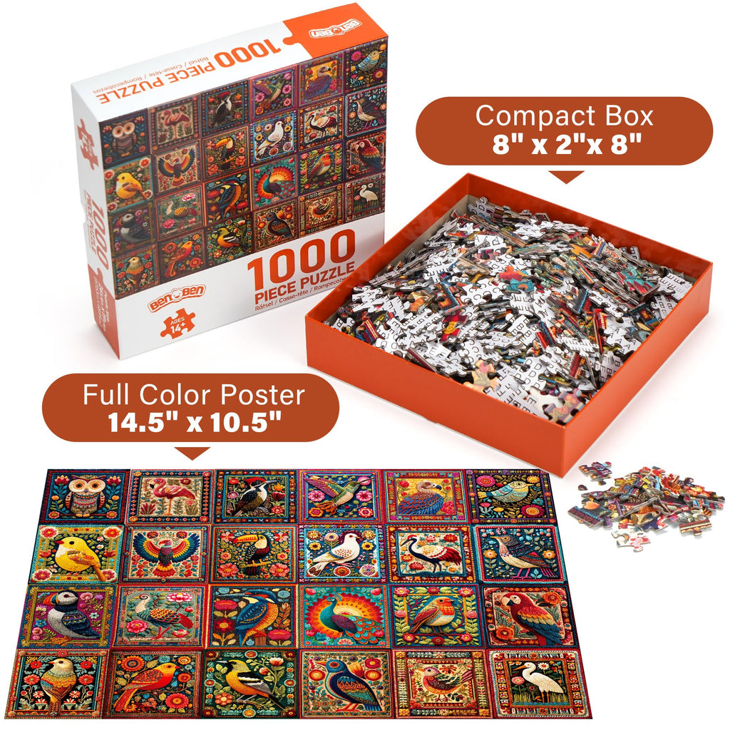 BenBen 1000-Piece Bird Crochet Puzzle – 24 Designs, Letters on Back, Poster Included