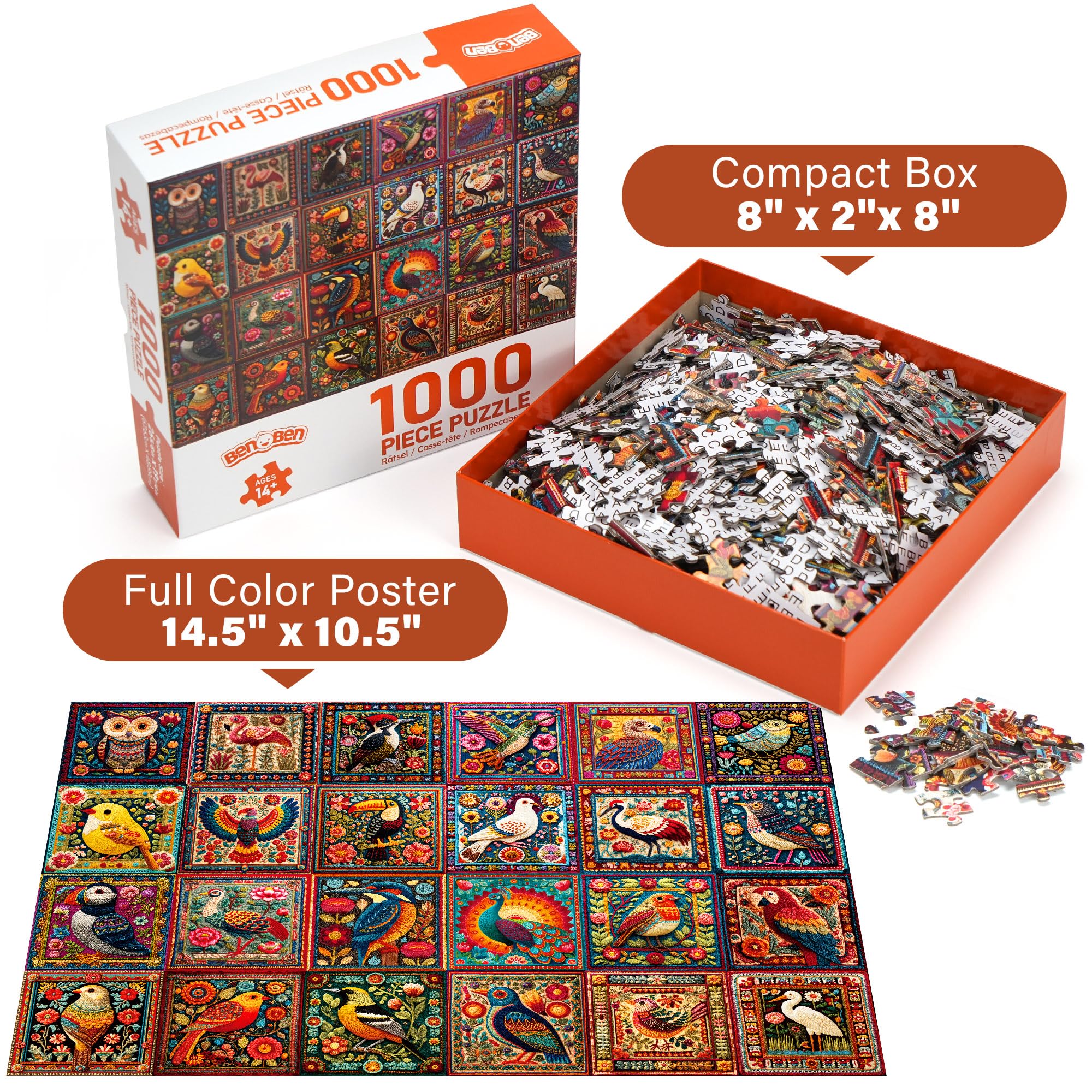 BenBen 1000-Piece Bird Crochet Puzzle – 24 Designs, Letters on Back, Poster Included
