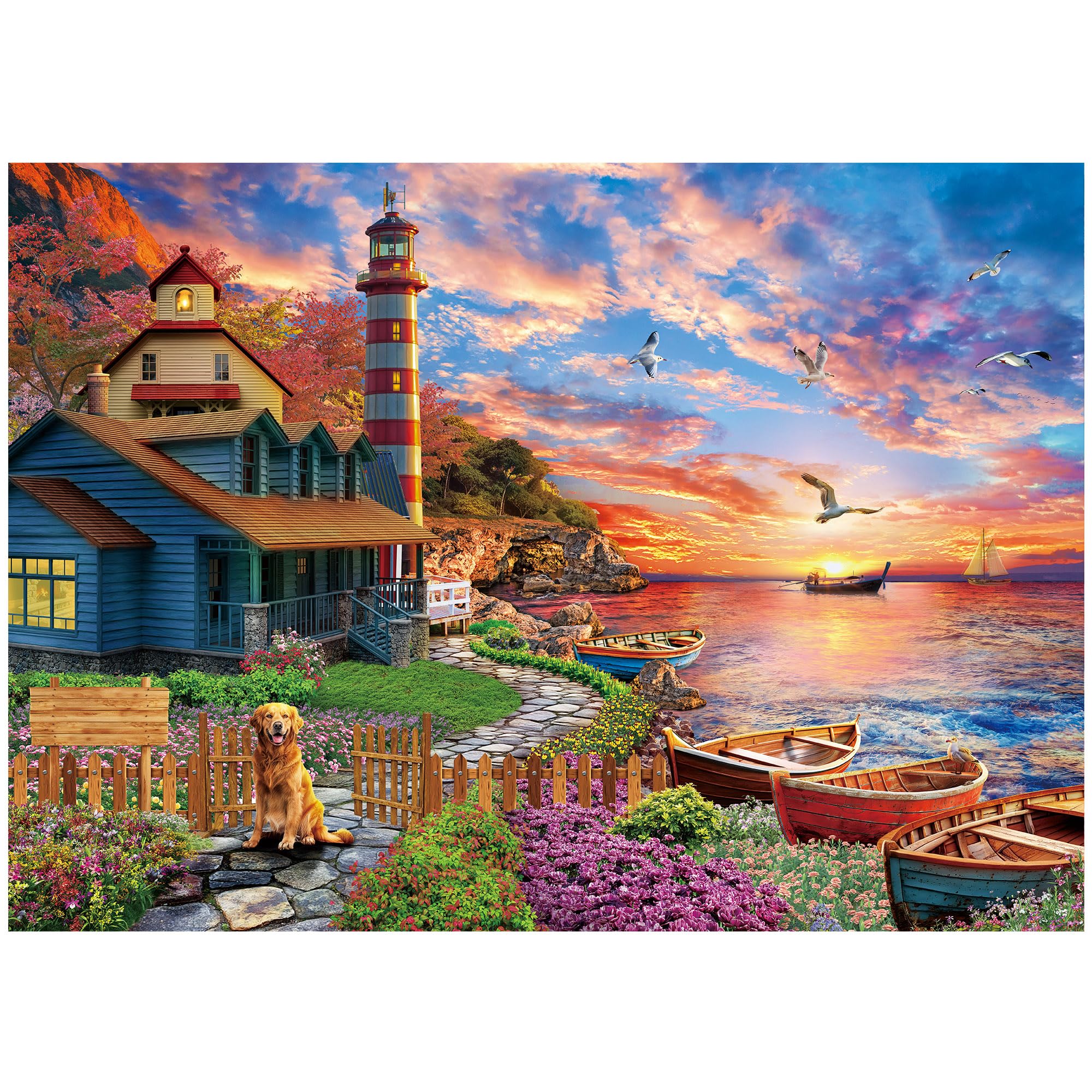 BenBen 1000 Piece Sunset Lighthouse Jigsaw Puzzle – Premium Quality, Letters on Back, Poster Included
