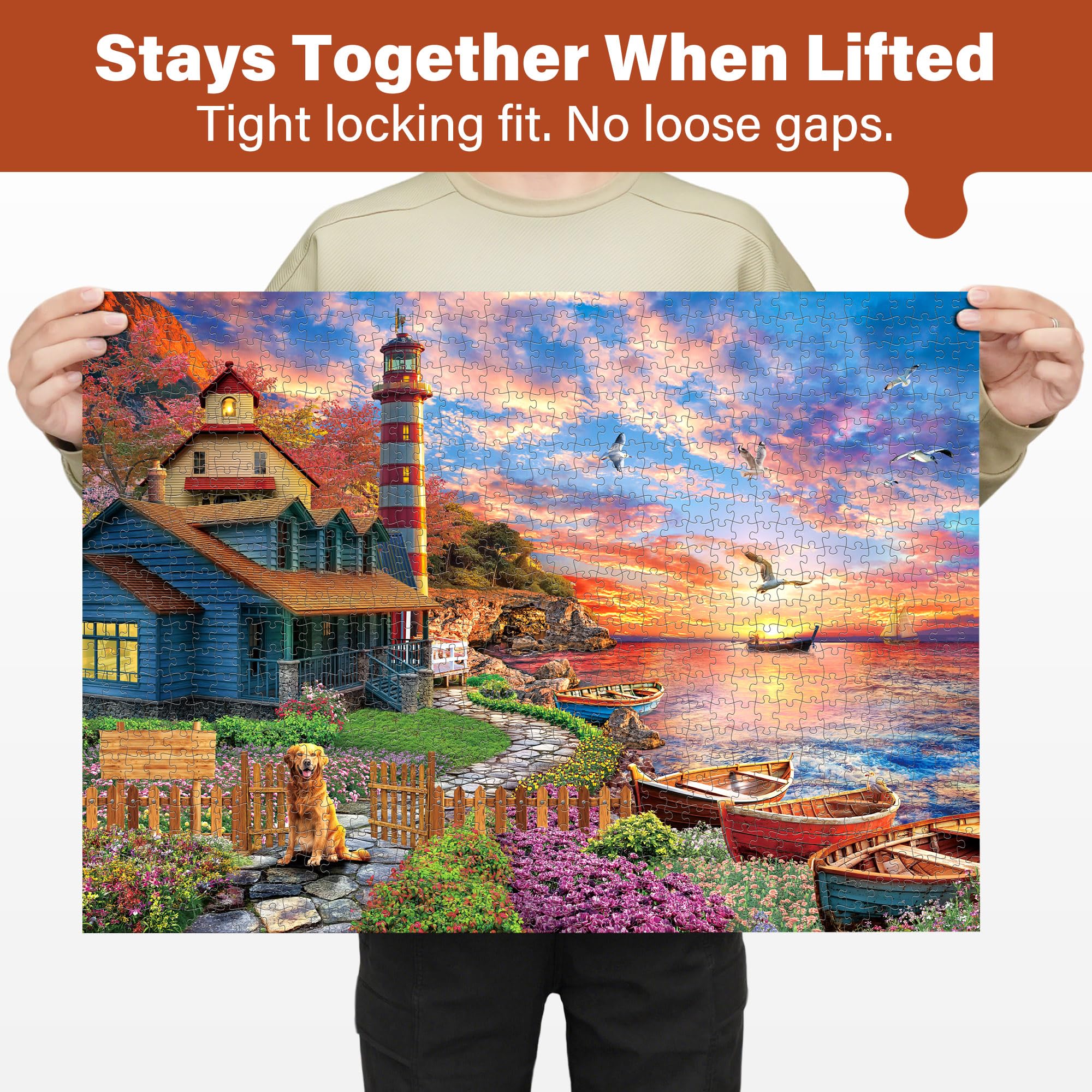 BenBen 1000 Piece Sunset Lighthouse Jigsaw Puzzle – Premium Quality, Letters on Back, Poster Included