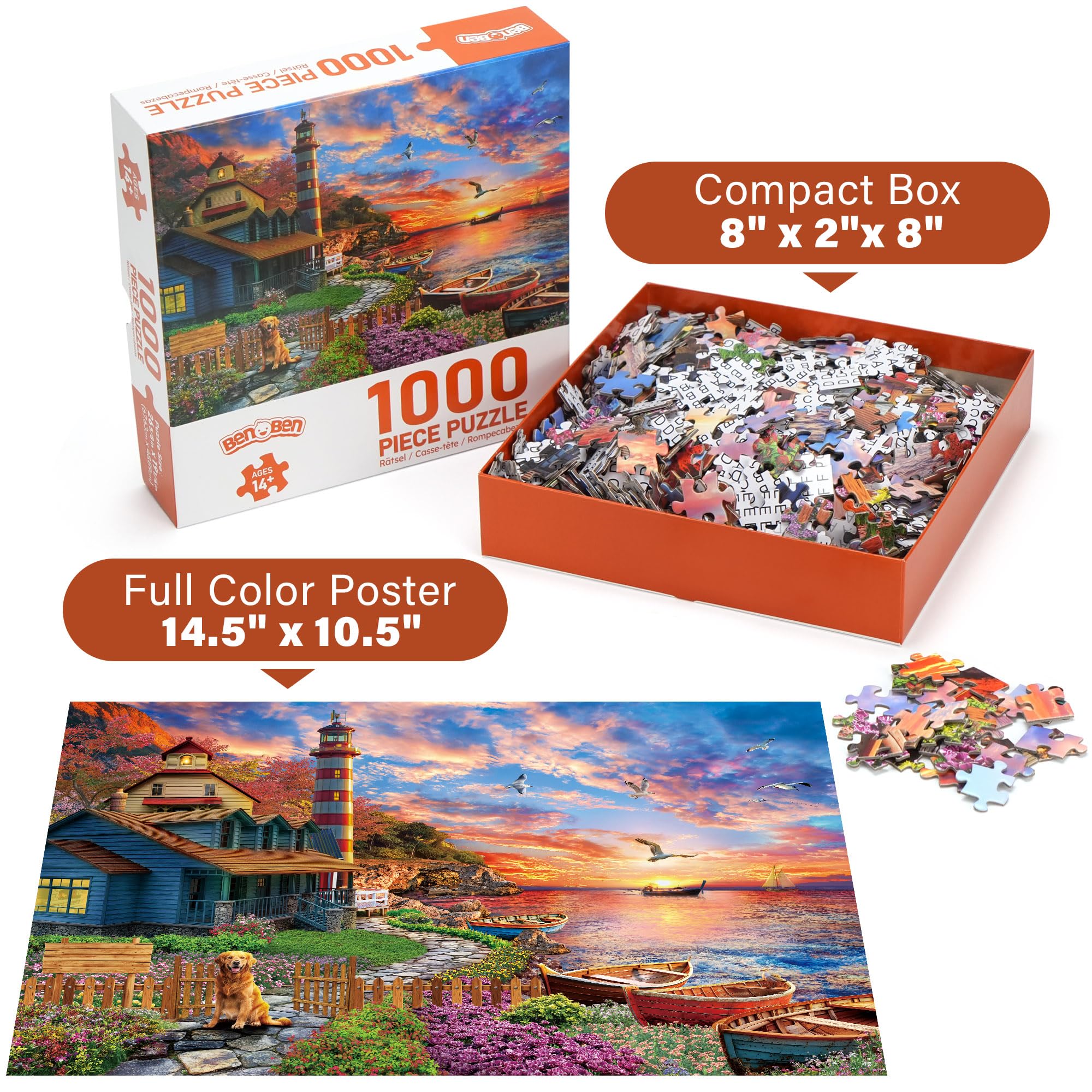 BenBen 1000 Piece Sunset Lighthouse Jigsaw Puzzle – Premium Quality, Letters on Back, Poster Included
