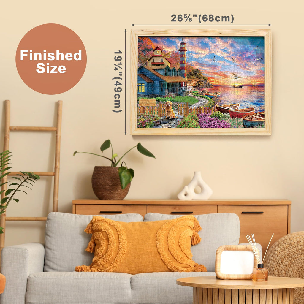 BenBen 1000 Piece Sunset Lighthouse Jigsaw Puzzle – Premium Quality, Letters on Back, Poster Included