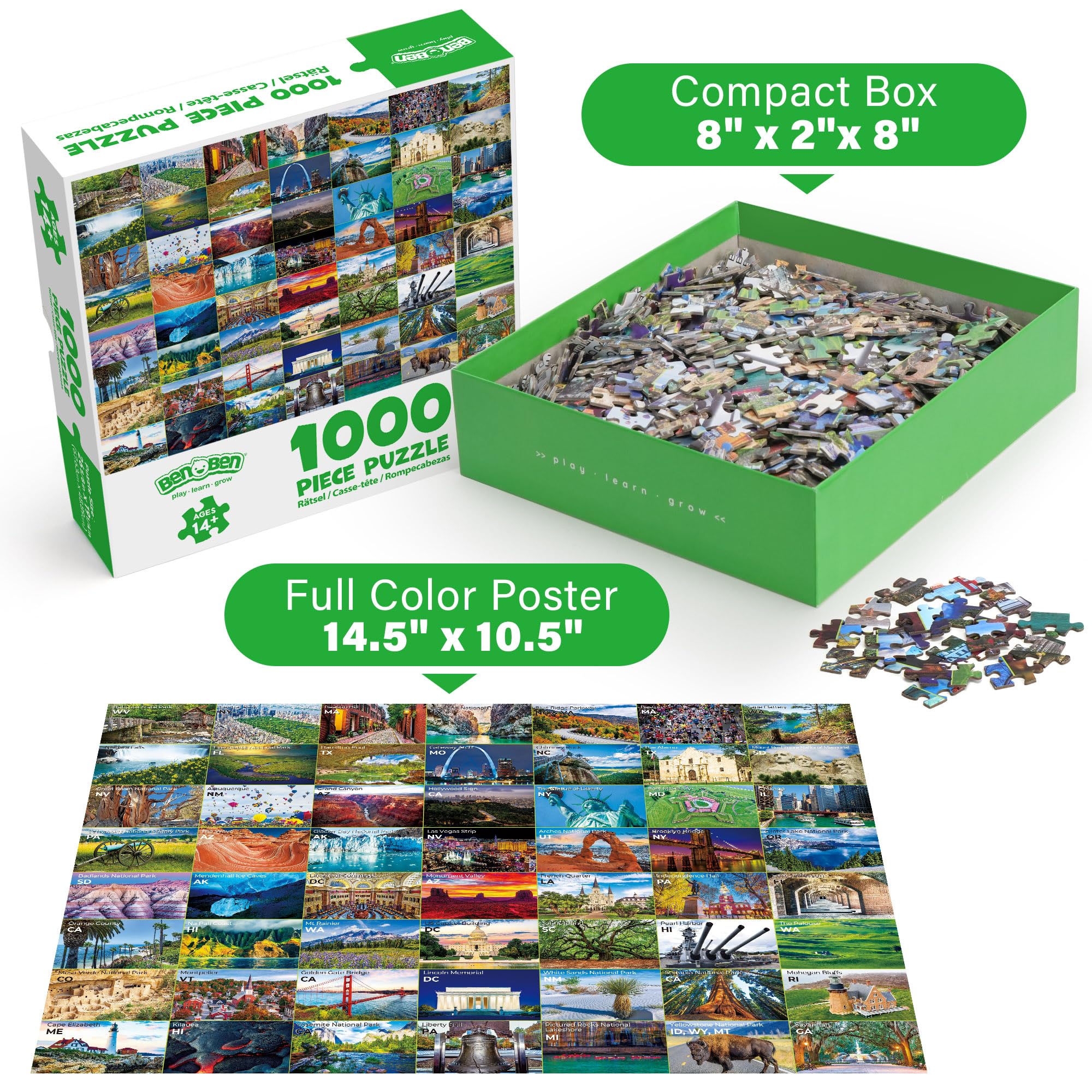 BenBen 1000-Piece USA Landmarks Puzzle – 56 National Parks & Iconic Sites with Pattern Hints on Back