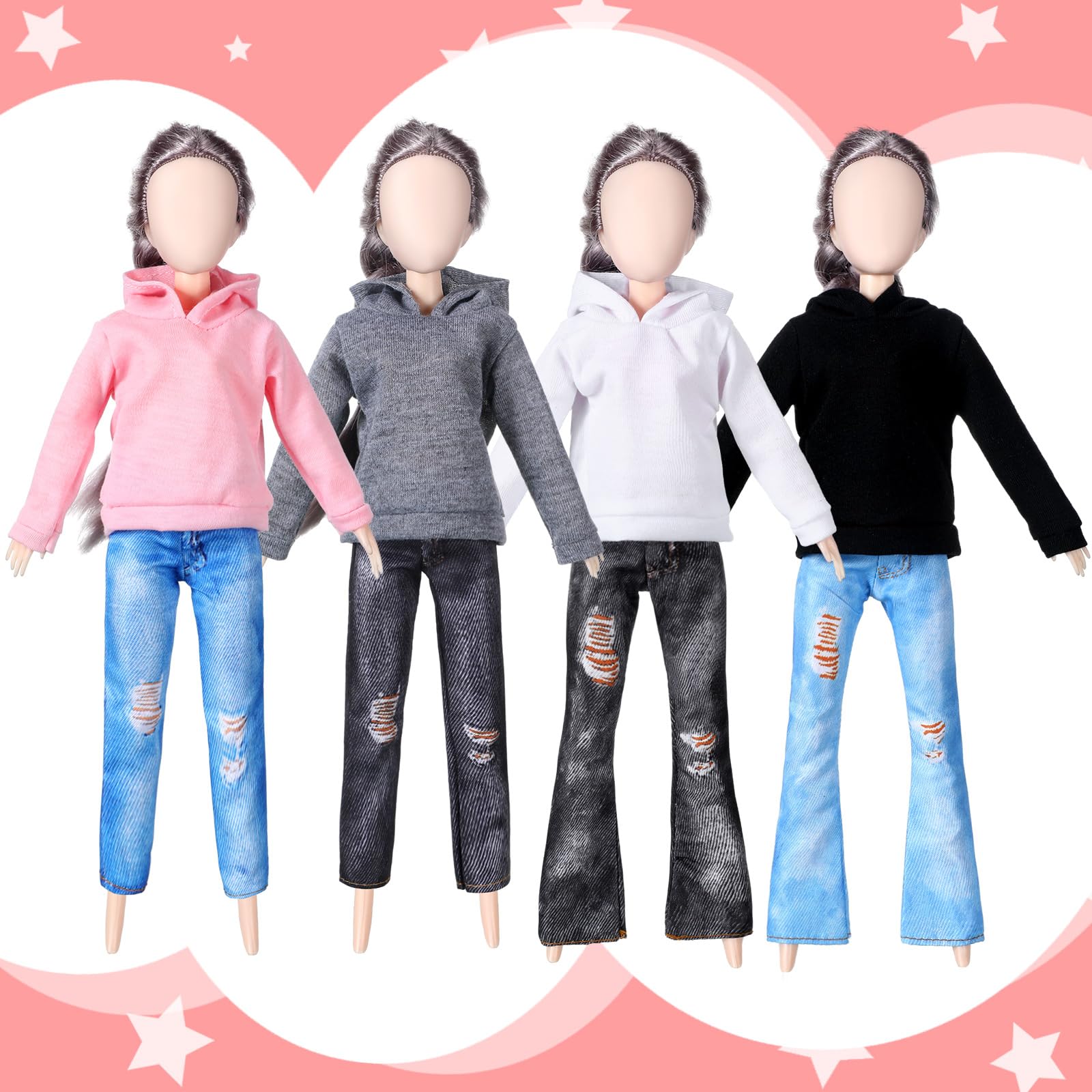 Bencailor 8-Piece Doll Clothes Set - Cotton Sweaters & Denim Pants for 11.5 Inch Dolls (Black, White, Grey, Pink)