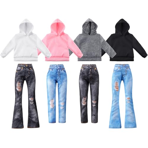 Bencailor 8-Piece Doll Clothes Set - Cotton Sweaters & Denim Pants for 11.5 Inch Dolls (Black, White, Grey, Pink)