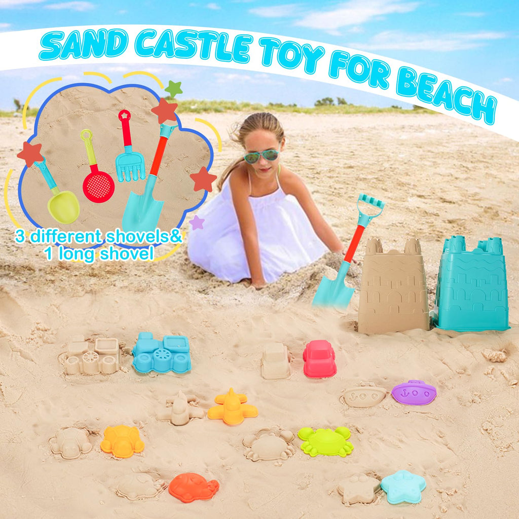 BeneFine 14-Piece Beach Toys Set – Castle Bucket, Shovels, Sea Animal & Traffic Sand Molds, Outdoor Fun for Kids