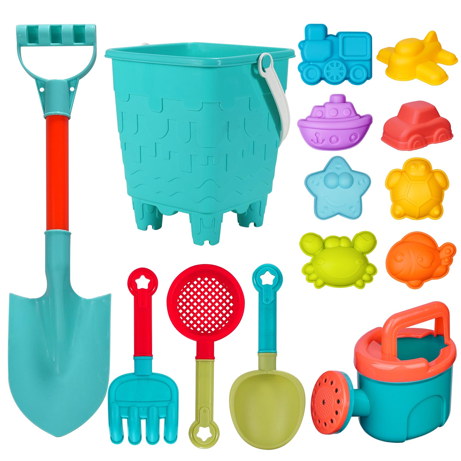 BeneFine 14-Piece Beach Toys Set – Castle Bucket, Shovels, Sea Animal & Traffic Sand Molds, Outdoor Fun for Kids
