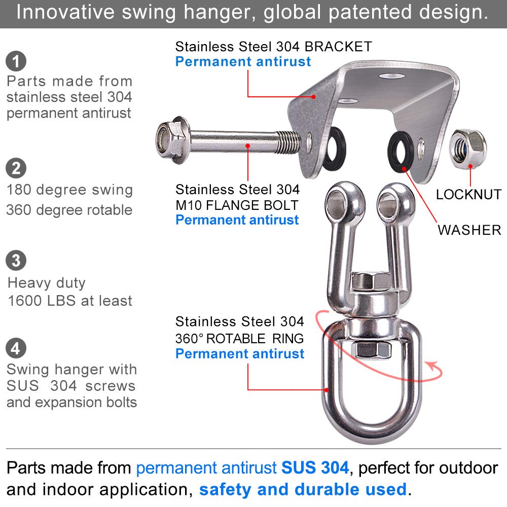 BeneLabel 304 Stainless Steel Ceiling Swing Mount - 1000 lb Capacity, 360° Swivel Hook for Hammock Chair, Punching Bag, Yoga Swing