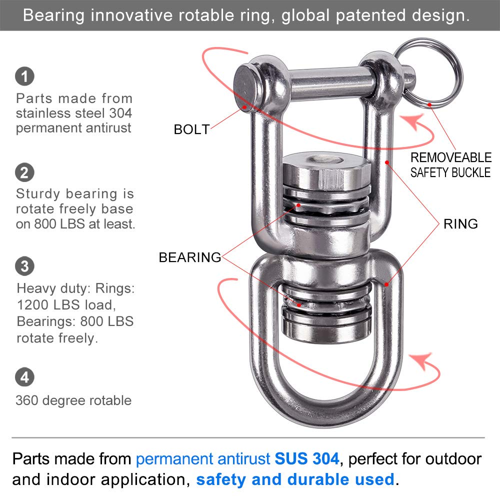 BeneLabel 360° Swing Swivel with 2 Bearings – 770 lb Capacity, 304 Stainless Steel Detachable Design for Tree Swings, Aerial Yoga & More