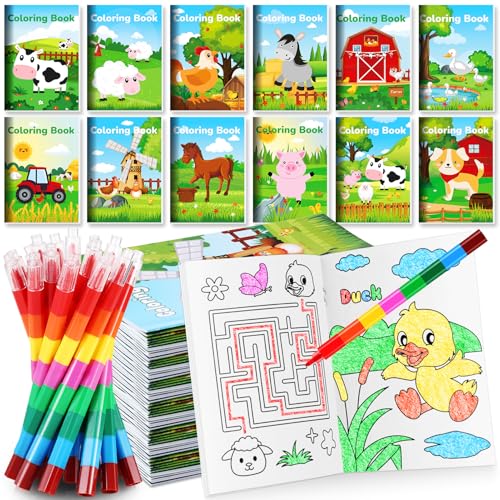 BenLouis 12 Farm Animals Mini Coloring Books with 12 Stacking Crayons for Kids Party Favors and Travel