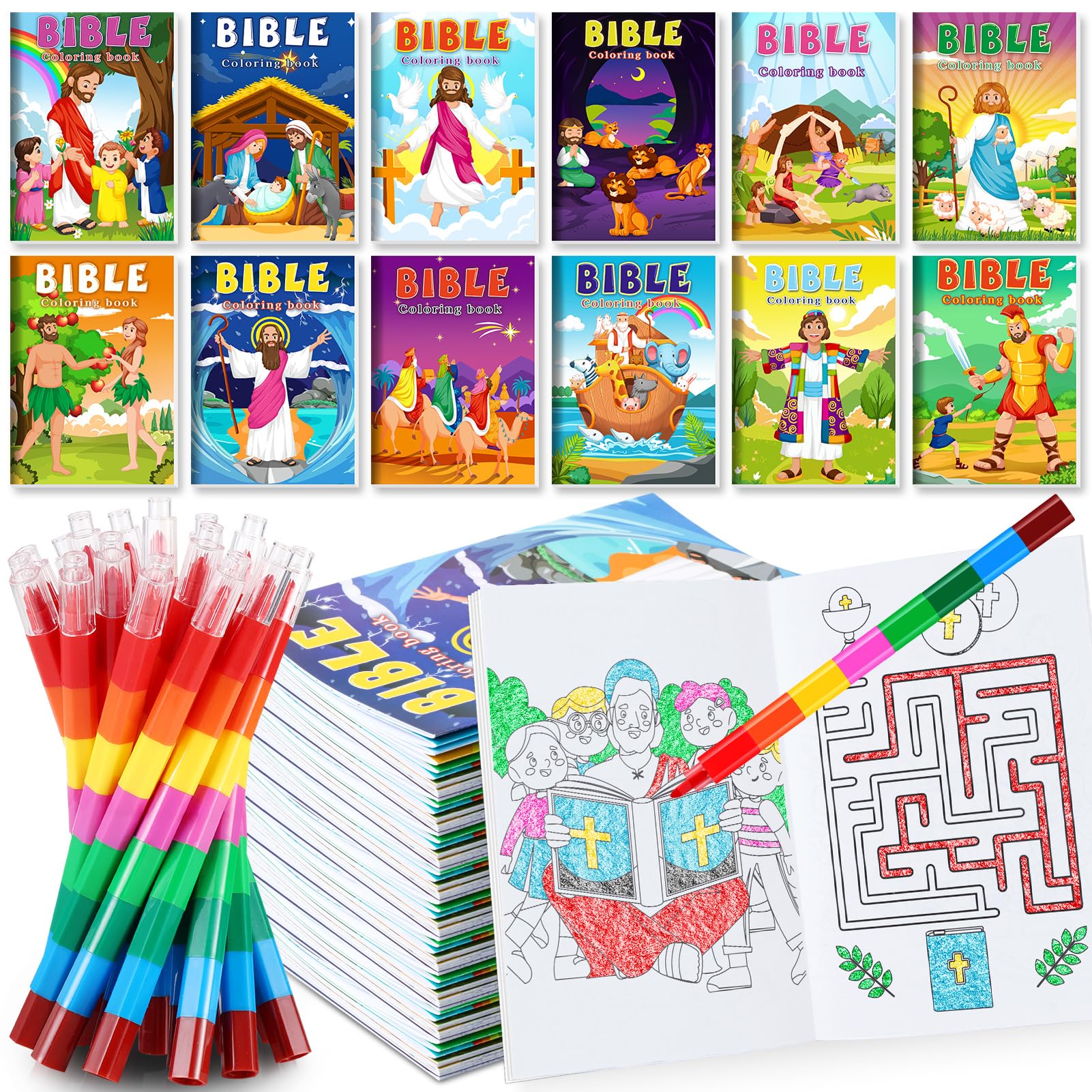 BenLouis 12 Mini Christian Coloring Books with 12 Stacking Crayons - Bulk Bible Verse Activity Books for Kids Party Favors