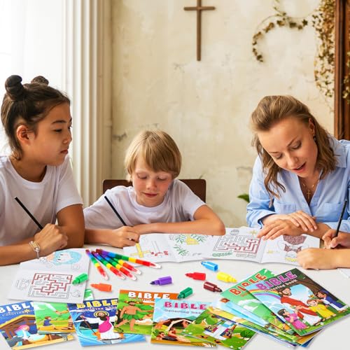 BenLouis 12 Mini Christian Coloring Books with 12 Stacking Crayons - Bulk Bible Verse Activity Books for Kids Party Favors