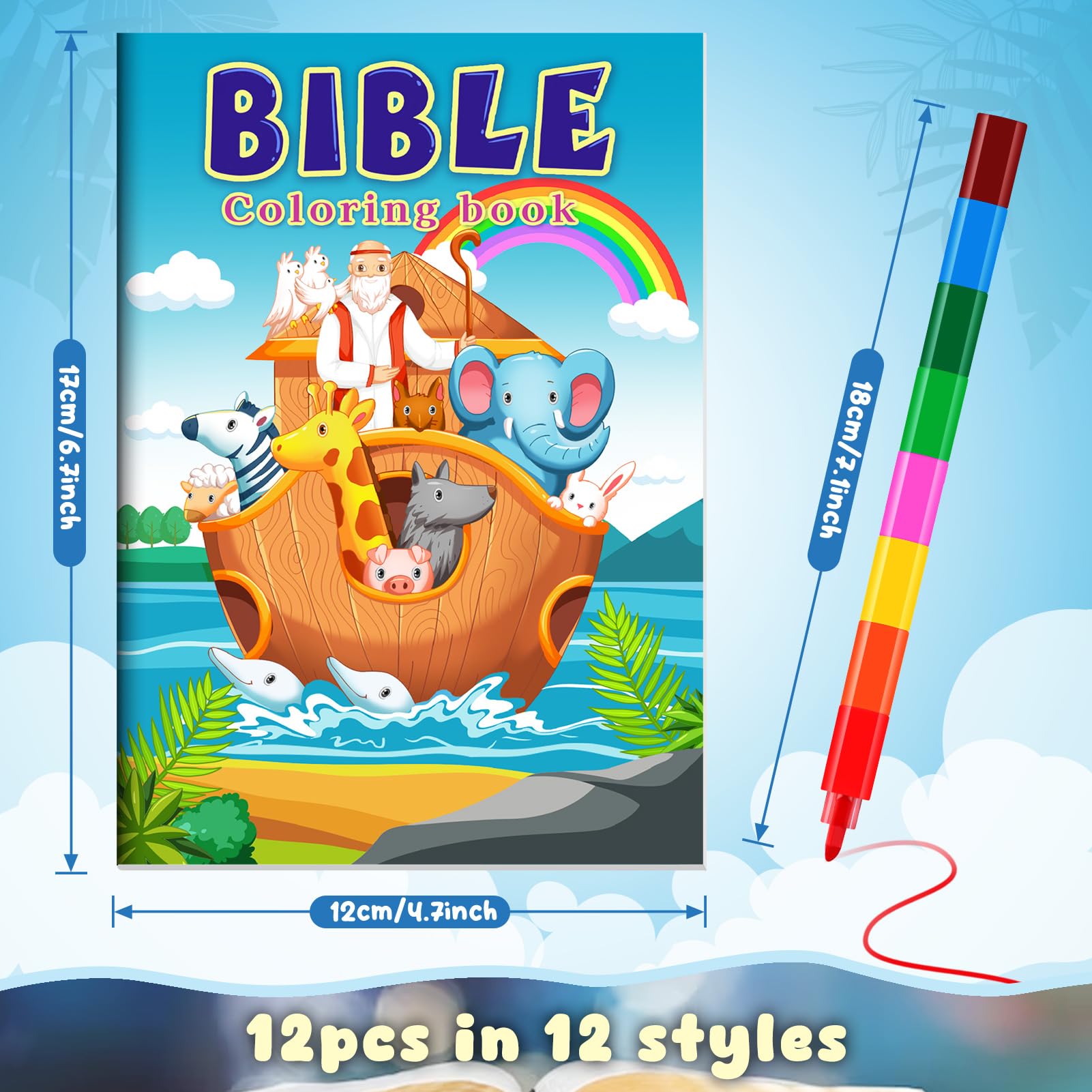 BenLouis 12 Mini Christian Coloring Books with 12 Stacking Crayons - Bulk Bible Verse Activity Books for Kids Party Favors