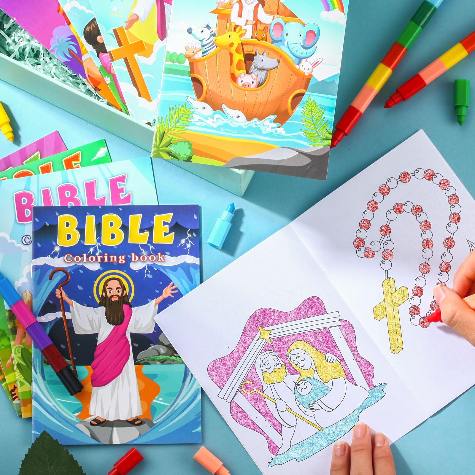 BenLouis 12 Mini Christian Coloring Books with 12 Stacking Crayons - Bulk Bible Verse Activity Books for Kids Party Favors