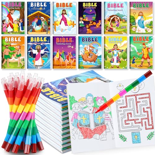 BenLouis 12 Mini Christian Coloring Books with 12 Stacking Crayons - Bulk Bible Verse Activity Books for Kids Party Favors