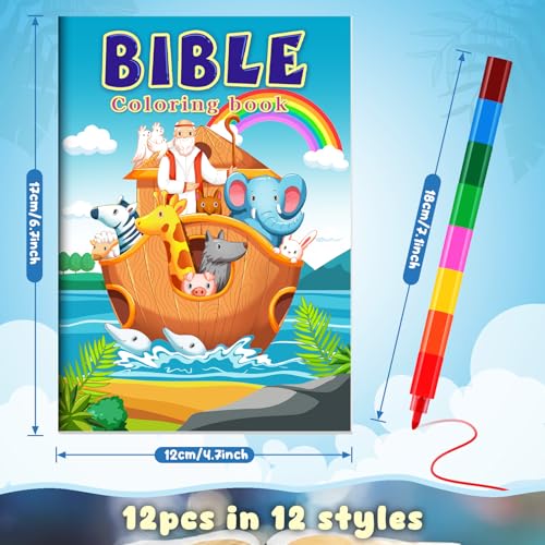BenLouis 12 Mini Christian Coloring Books with 12 Stacking Crayons - Bulk Bible Verse Activity Books for Kids Party Favors